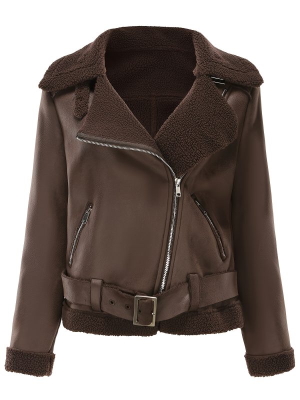 women's autumn winter warm suede jacket with belt & lapel collar casual long sleeve button front zipper closure, machine washable solid color regular fit for everyday casual wear