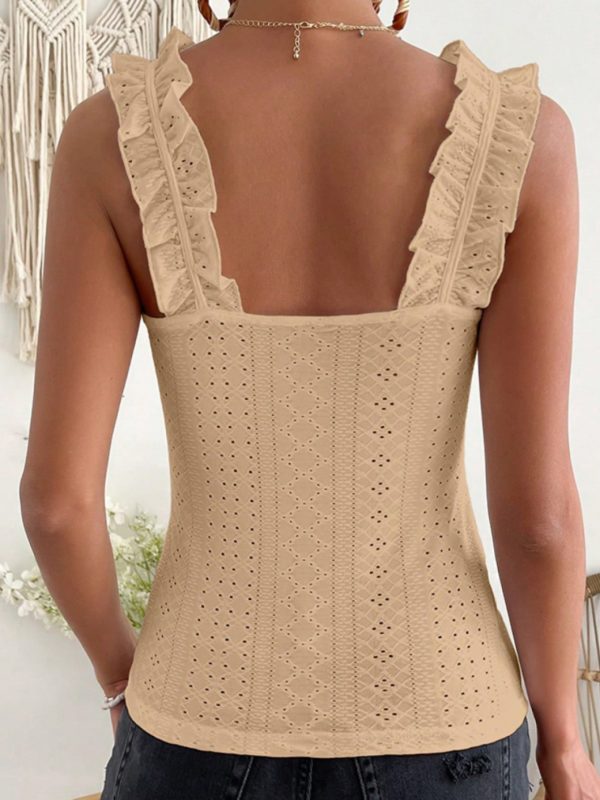 scacto 2025 sleeveless tank top with ruffle straps & square neck eyelet, slim fit blouse beige, breathable polyester, perfect for springu002fsummer, casual attire, casual attire|ruffle strap top|breathable fabric