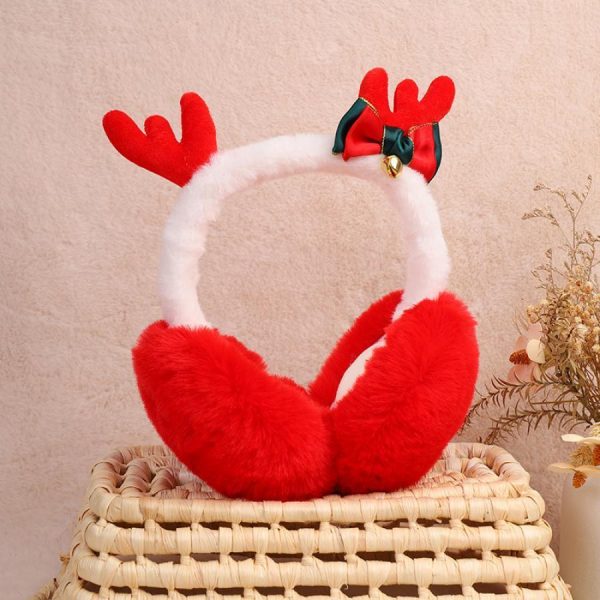 foldable reindeer antler plush earmuffs cozy thickened fur winter ear warmers, red & white with green bow, corduroy material, hand wash only, perfect for christmas outdoor cold protection