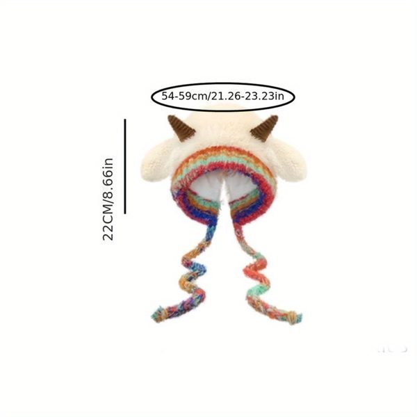 adult sheep hat with straps cute lamb ear flap furry beanie, thick lining & contrast color design, elastic crochet hat for daily wear & costume parties, hand washable